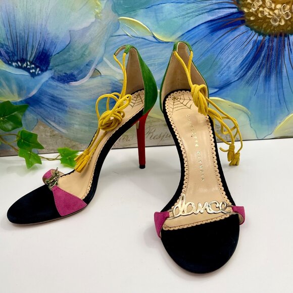 Charlotte Olympia Lets Dance Suede Heeled Sandals in Black Multi Size 36.5 - Picture 5 of 14
